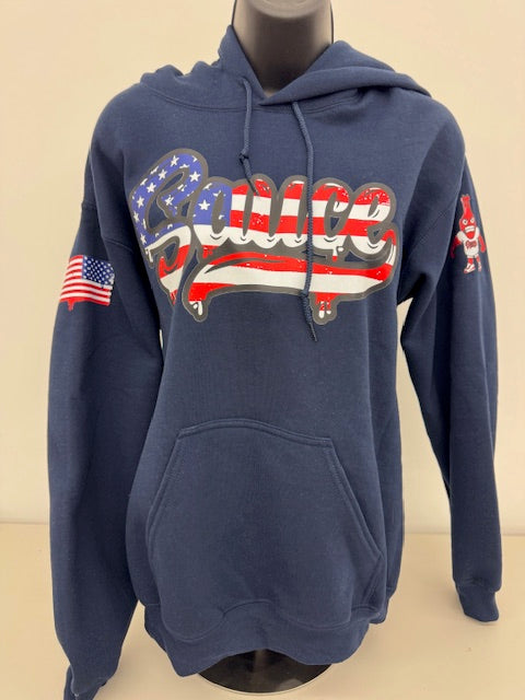 SAUCE Navy Hoodie (Red/White/Blue Sauce Text)